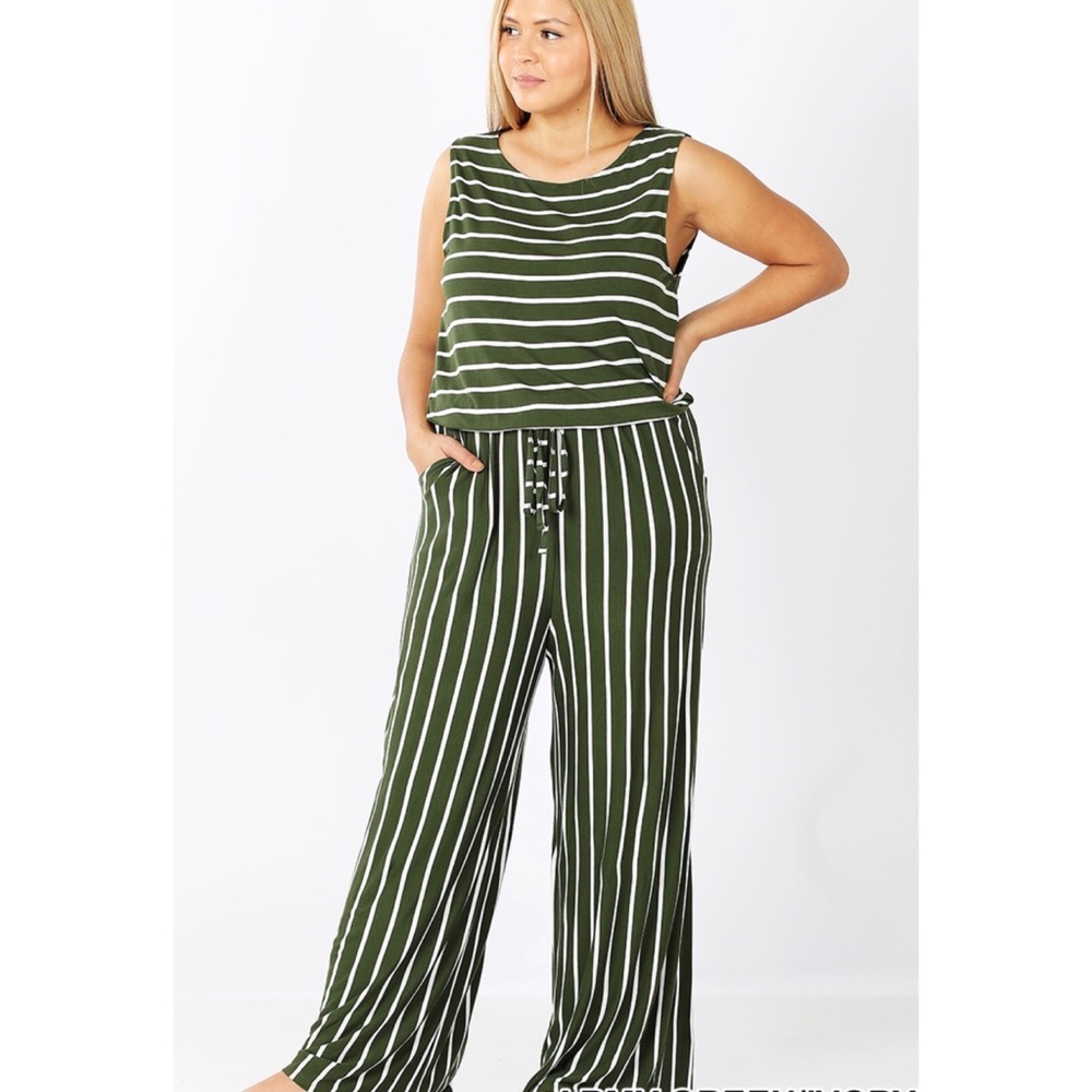 Army Green  Plus size striped jumpsuit